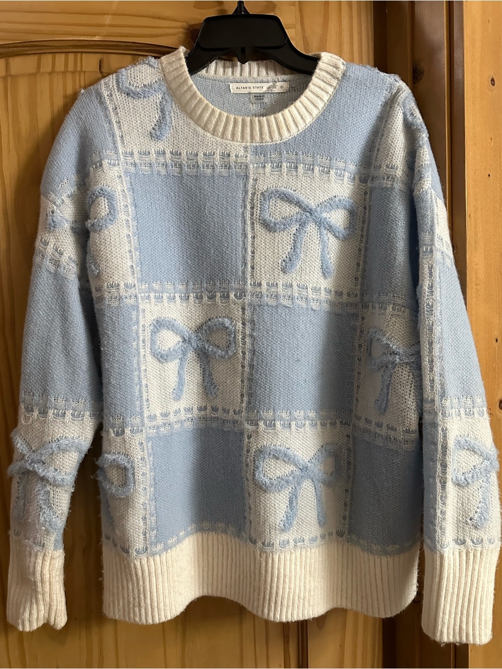Altar'd State Light Blue & Cream Bow-Block Crewneck Sweater